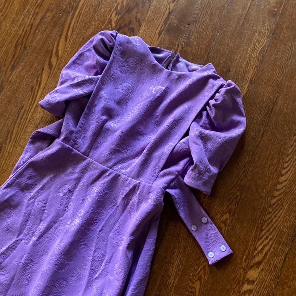 Purple Textured Jacquard Maxi Dress Puff Sleeve Fit Flare Vintage Style - Picture 2 of 6